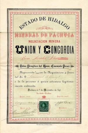 Estado De Hidalgo Mineral De Pachuca Negociacion Minera Union Y Concordia - Mexican Mining Bond